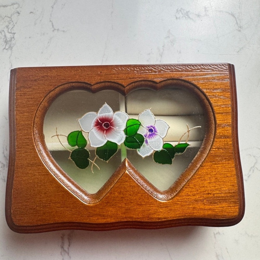 Vintage Kmart Walnut Finish Jewelry Box Stained Glass Double Heart Floral Lid